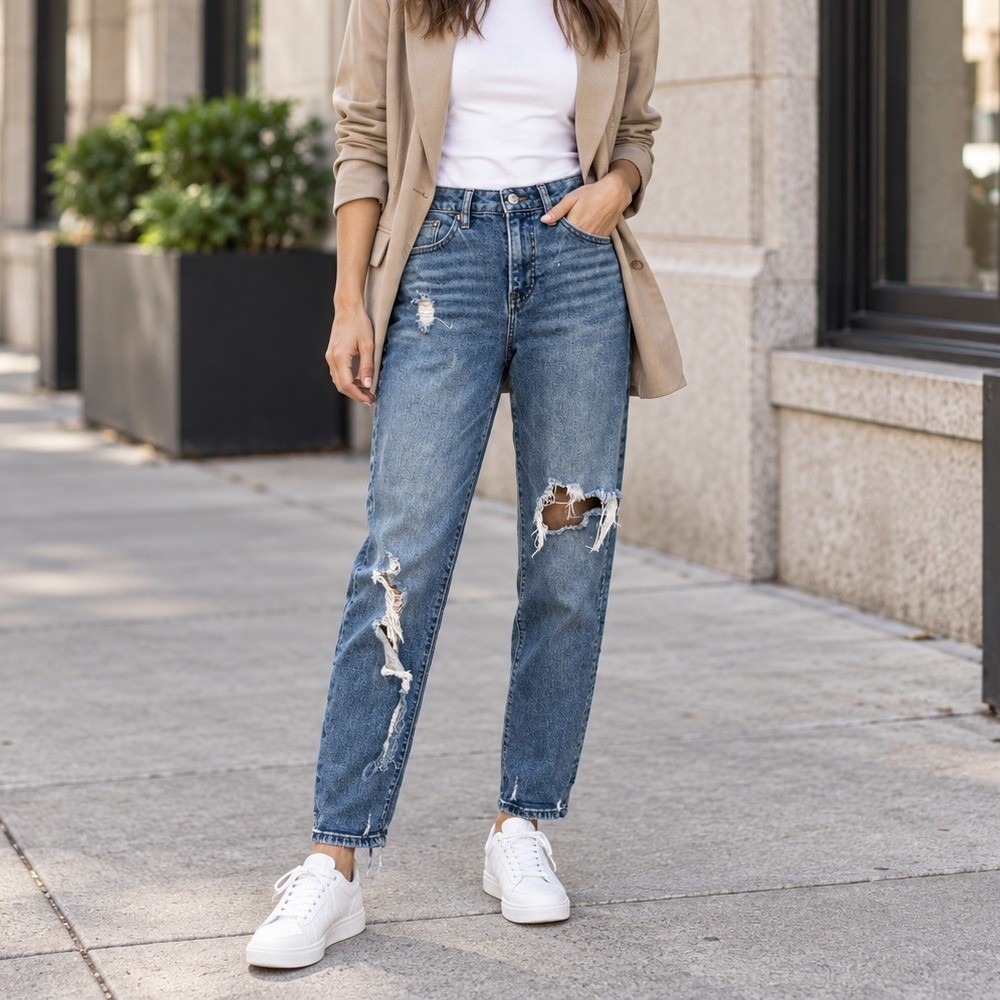 Express Mid Rise Boyfriend Jeans Size 0 Distressed Medium Wash Blue Denim